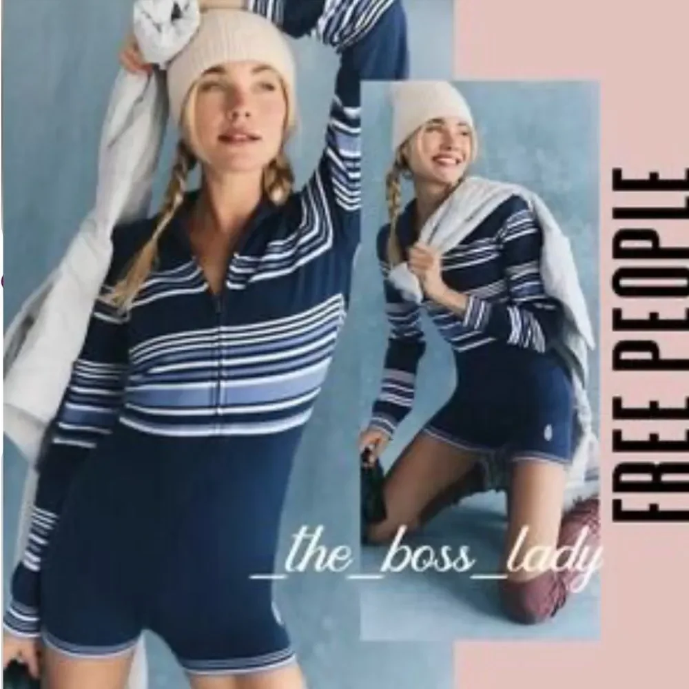 NWOT Free People Movement Blue It's Cold Outside Playsuit Navy Striped Sz Medium